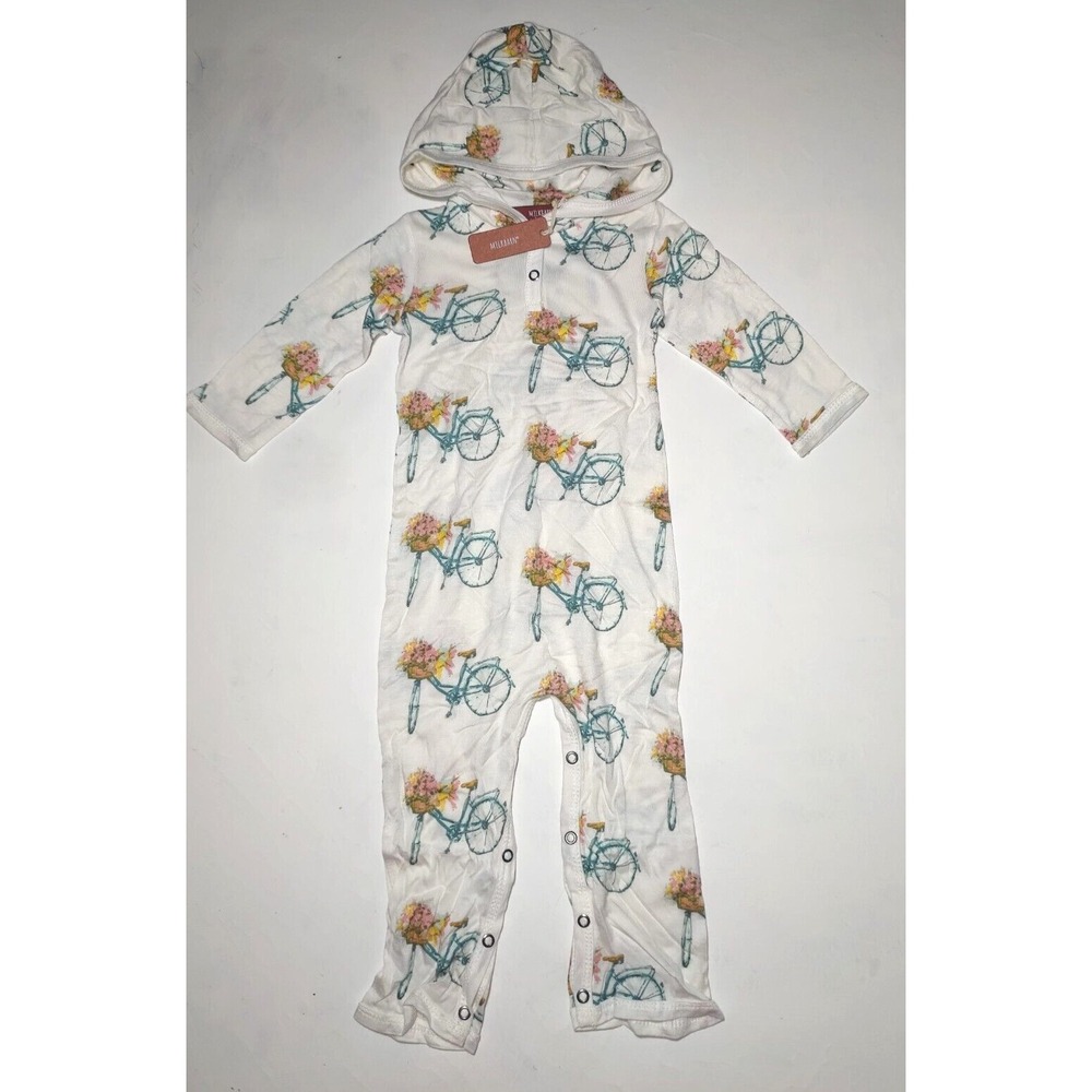 MilkBarn Hooded Romper 6 9 12 Mos Rayon‎ Bamboo Bicycle Bike Outfit Girl Flowers - Picture 3 of 4